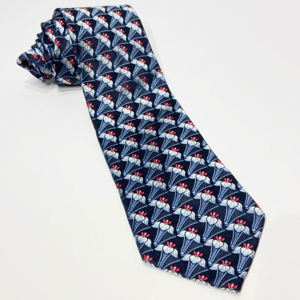 Ermenegildo Zegna Navy Blue Flowers 100% Silk Necktie Made in Italy 60”x4” (A6)